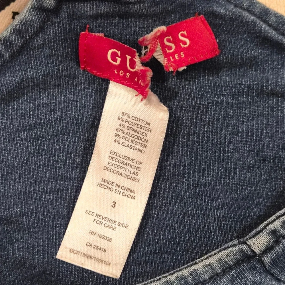 Guess Girls Denim Blue Romper Logo Straps Beaded Pocket Size 3